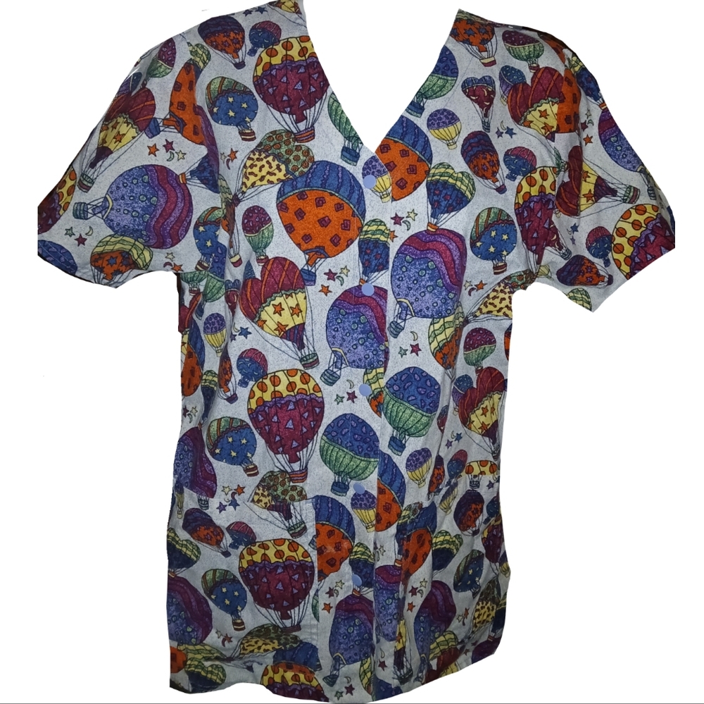Hot Air Balloon Print Scrub Top W/ FRONT SNAP DOWN CLOSURE by Cottonality